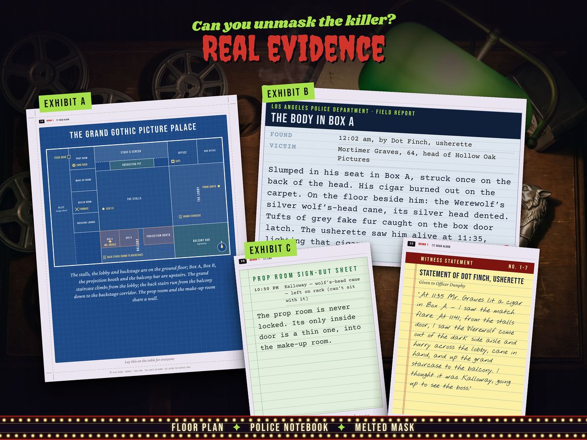 Evidence props from a murder mystery game: a floor plan, a notebook and clue cards